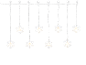 Luzes de Natal em forma de floco de neve, penduradas contra um fundo preto.