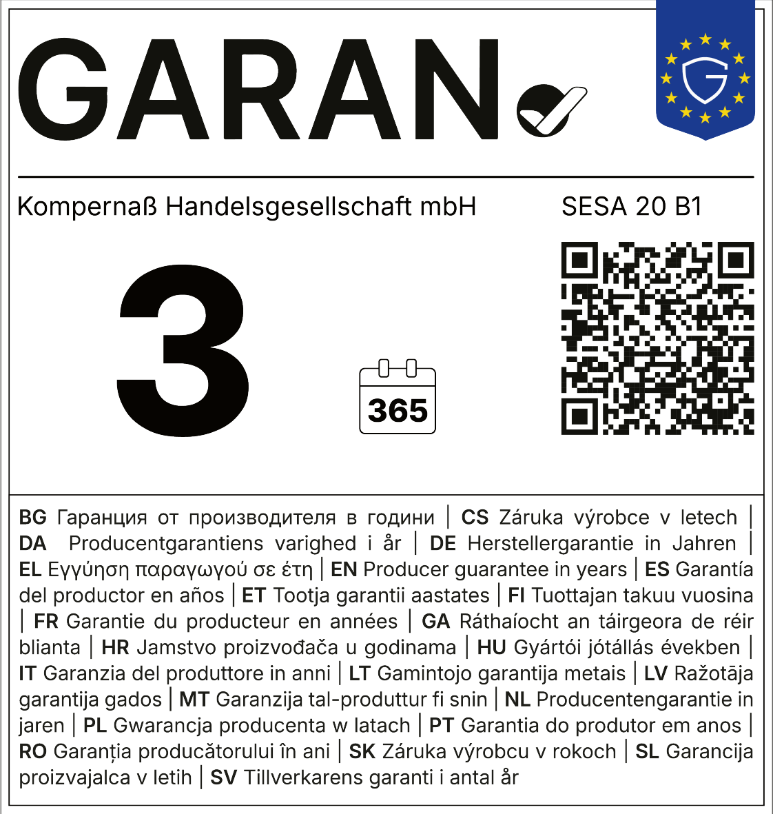 Garantia 3 anos, 365 dias. Garantia do produtor em anos.