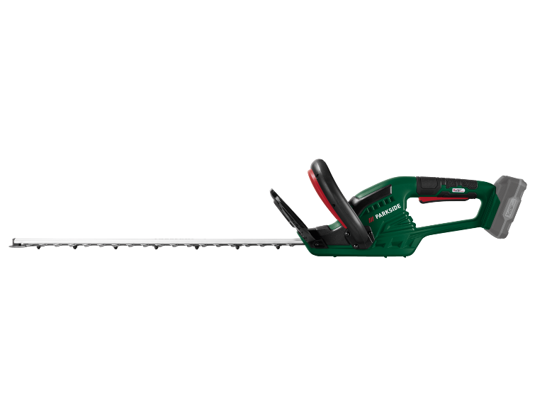 Aparador de sebes sem fio com lâmina longa e pegas ergonómicas.
