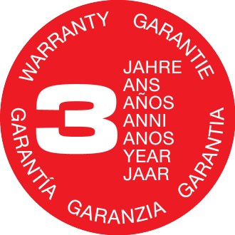 Selo de 3 anos de garantia em várias línguas.