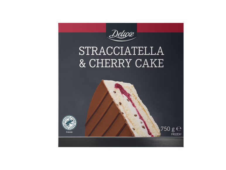 Bolo Stracciatella e Cereja, 750 g, congelado, com cacau certificado pela Rainforest Alliance.