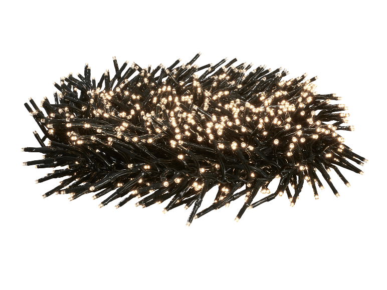 Grinalda de luzes LED de Natal com cabo preto e luz quente.