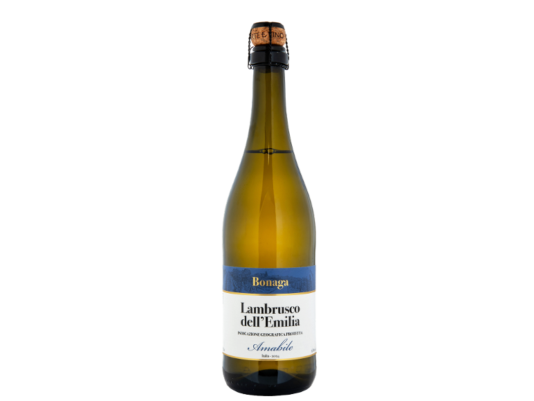 Garrafa de vinho branco espumante com rolha, rótulo com o texto 'Bonaga Lambrusco dell'Emilia Amabile Italia - 2024'.