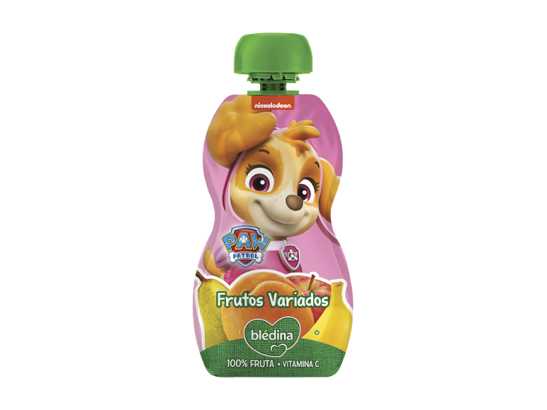 Saqueta de puré de fruta com cão de desenho animado, texto 'Frutos Variados' e '100% FRUTA + VITAMINA C'.