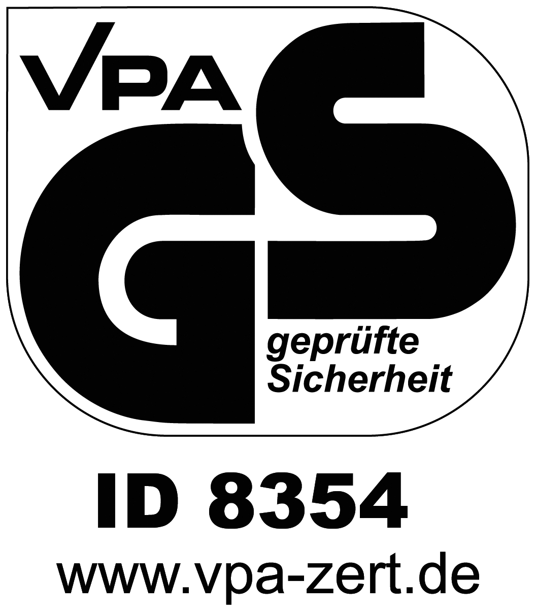 Selo GS com texto 'geprüfte Sicherheit' e ID 8354, www.vpa-zert.de