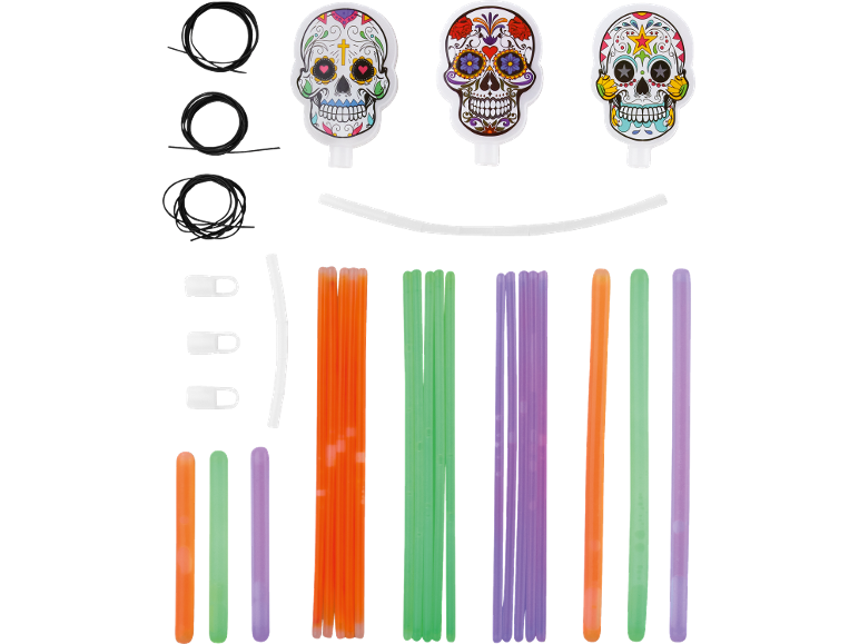 Kit de colar de bastões luminosos do Dia dos Mortos com pendentes de caveiras de açúcar e bastões luminosos.