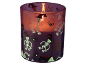 Vela de Halloween em frasco de vidro roxo com esqueletos e aranhas.