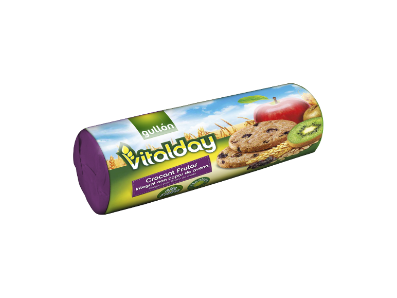 Biscoitos integrais embalados em roxo com frutas e flocos de aveia, com maçãs e kiwis.
