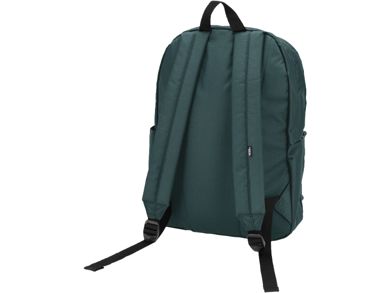 Mochila verde escura com alças ajustáveis e pega superior, vista por trás.