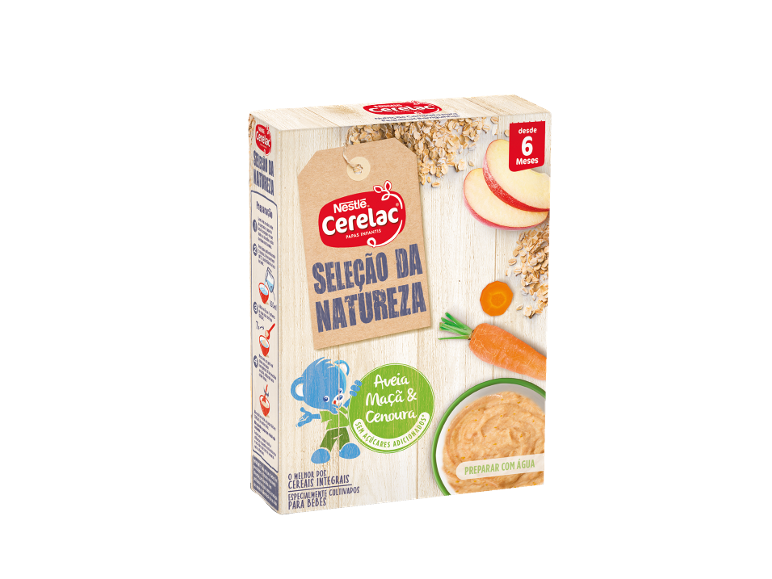 Caixa de cereais para bebé com aveia, maçã e cenoura, adequado a partir dos 6 meses, sem açúcares adicionados.