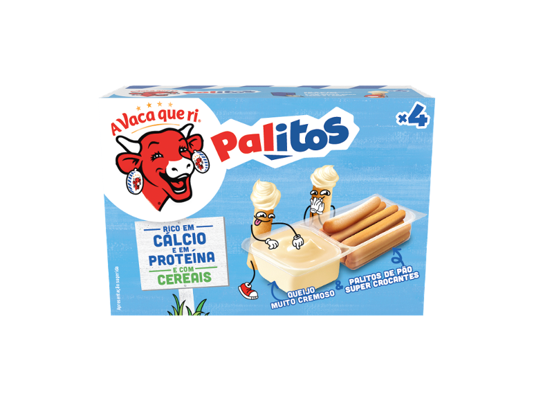 Embalagem de palitos de pão com queijo cremoso, ricos em cálcio, proteína e cereais.
