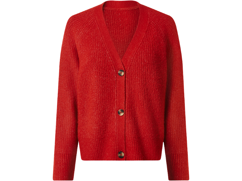 Cardigã de malha vermelho com botões castanhos e decote em V.