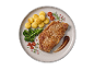 Bife de vaca suculento com batatas, brócolos e molho num prato.