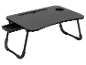 Mesa de cama dobrável preta para portátil com suporte para copo e gaveta.