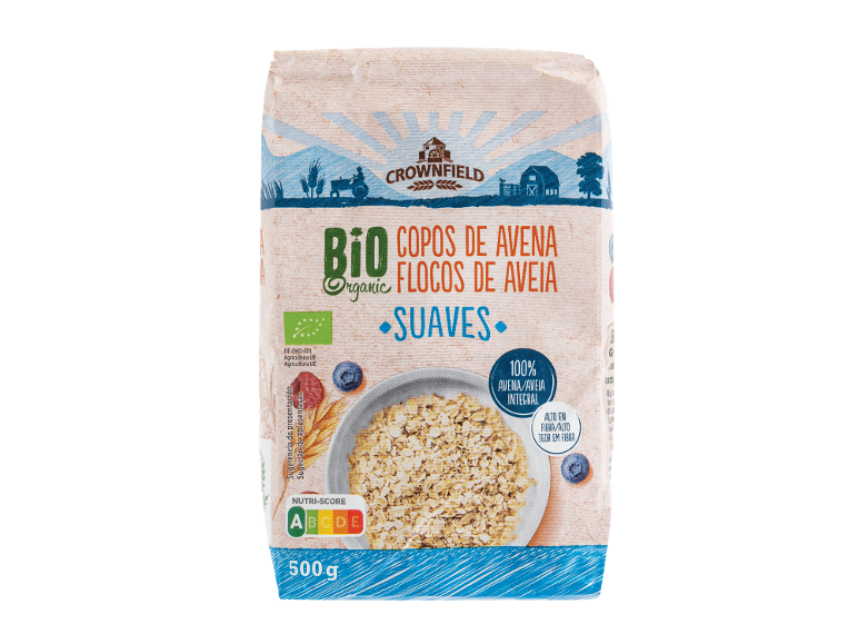 Flocos de aveia biológicos suaves em saco, com bagas e rótulo Nutri-Score A.
