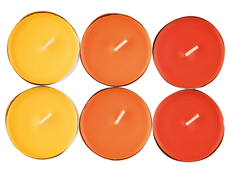 Seis velas redondas em amarelo, laranja e vermelho sobre fundo preto.