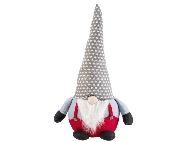 Gnomo de Natal com chapéu cinzento e branco às bolinhas, barba branca e calças vermelhas