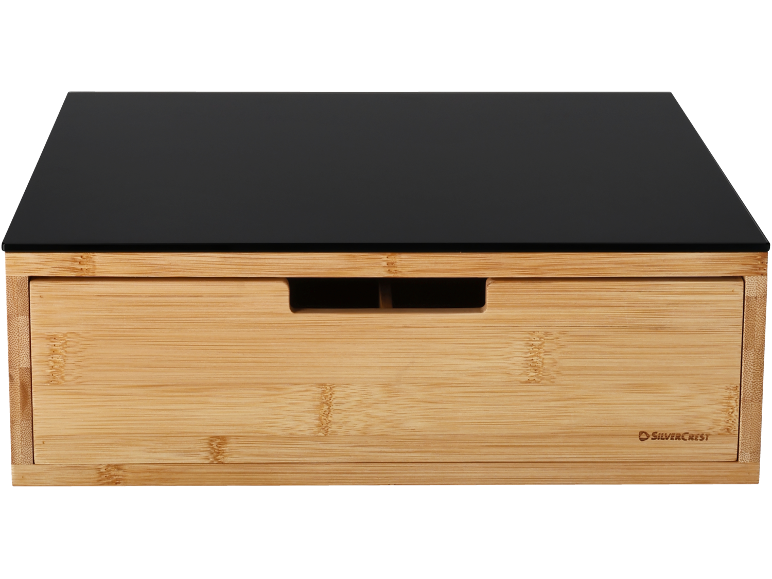 Suporte de monitor em bambu com gaveta e tampo de vidro preto.