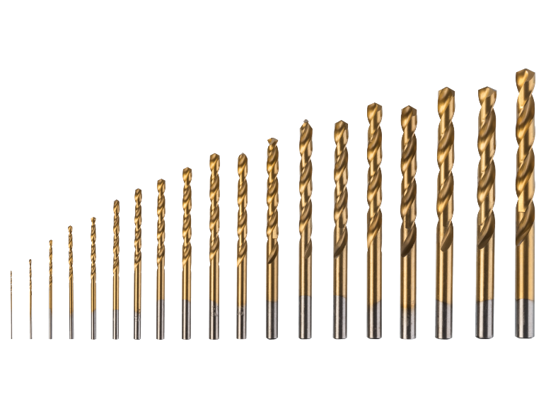 Um conjunto de brocas douradas de vários tamanhos, dispostas em ordem crescente sobre um fundo preto.