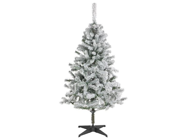 Árvore de Natal flocada com base, sobre fundo preto.