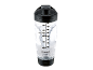 Shaker transparente com tampa e base pretas, com água a girar no interior.