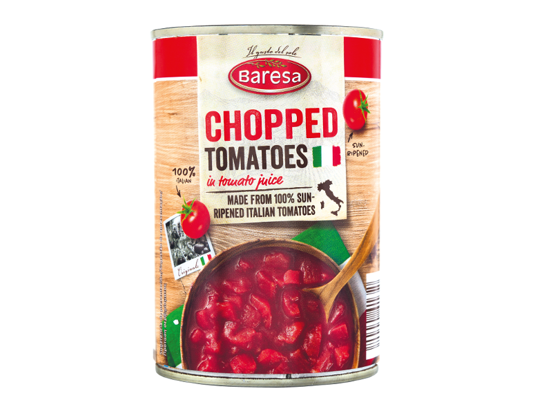 Lata de tomate picado em sumo de tomate, 100% italiano, amadurecido ao sol.