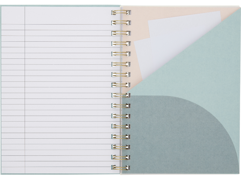 Caderno de argolas com páginas pautadas e bolsos em tons pastel