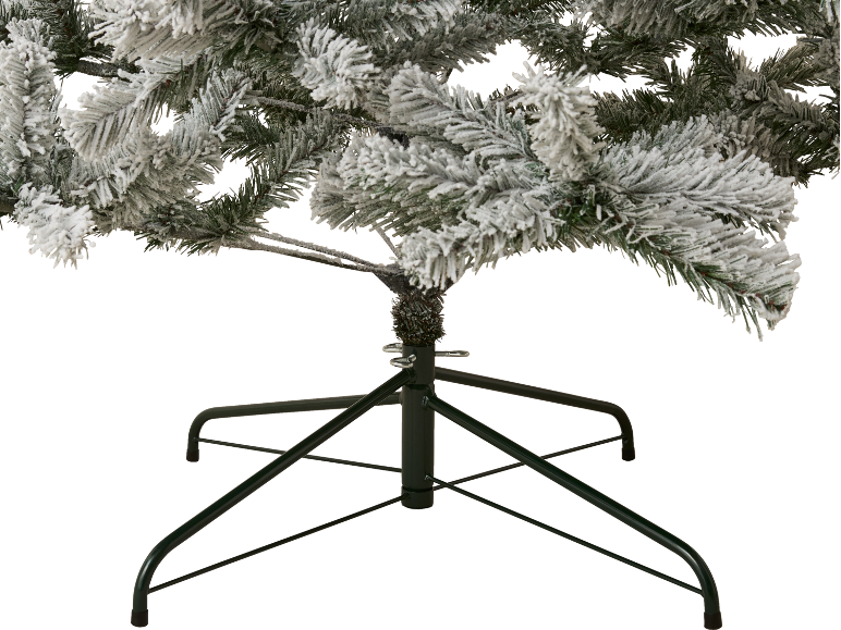 Árvore de Natal artificial flocada com um suporte de metal verde escuro.