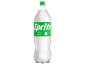 Garrafa transparente de refrigerante com rótulo verde que diz 'LEMON-LIME NATURAL FLAVOURS'.