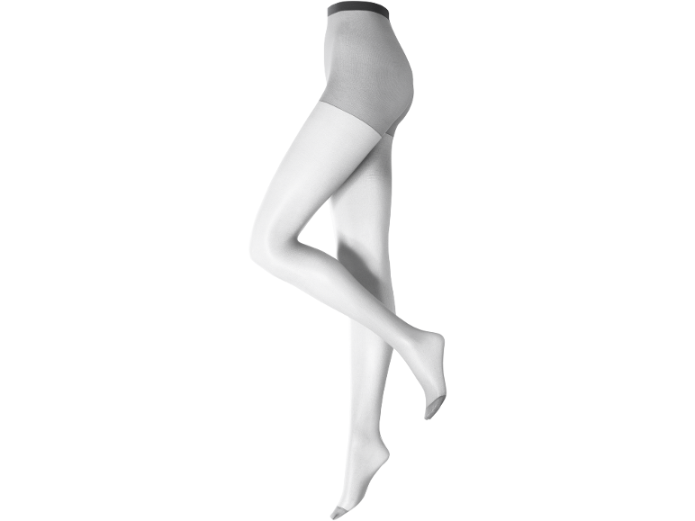 Collants cinzentos em pernas de manequim, com cintura alta e biqueira reforçada.