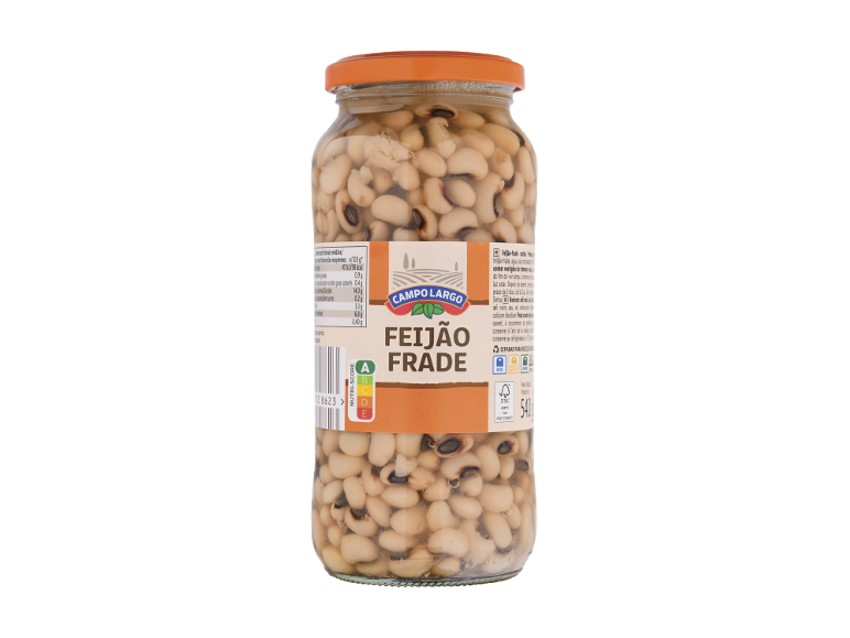 Frasco de feijão-frade, com rótulo que mostra informações nutricionais e Nutri-Score.