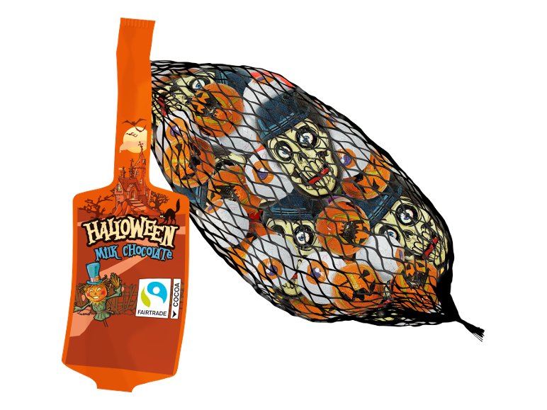 Chocolate de leite de Halloween num saco de rede com designs de caveiras e abóboras.