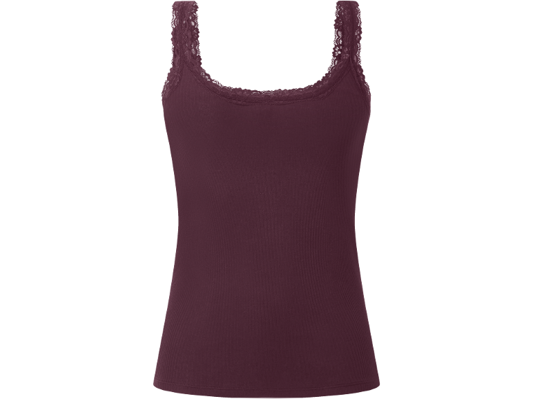 Camisola de alças canelada cor de vinho com detalhes de renda no decote e alças.