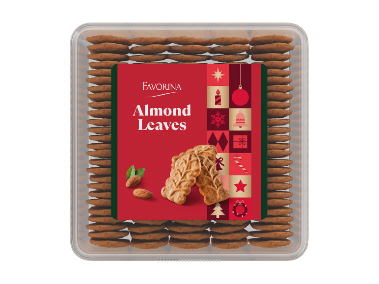 Pacote de biscoitos de folhas de amêndoa com um rótulo temático de Natal.