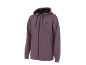 Casaco roxo com capuz e fecho, com um logótipo preto no peito.