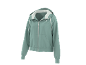 Casaco com capuz feminino cor menta com fecho e cordões brancos.