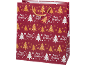 Saco de presente de Natal vermelho com árvores douradas e brancas e texto 'Merry Christmas'.
