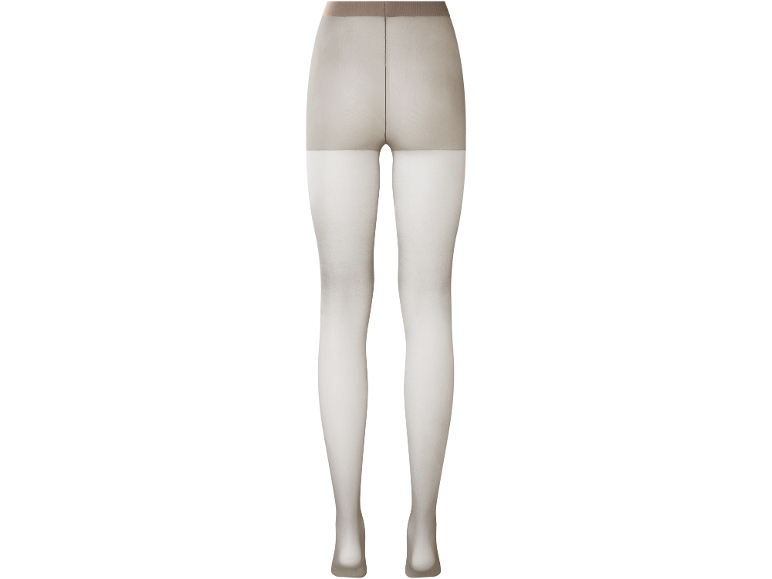 Collants de mulher em bege, com corpo reforçado e pernas transparentes.