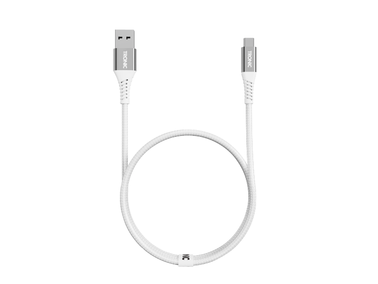 Cabo de carregamento USB branco com conector USB-A e USB-C.