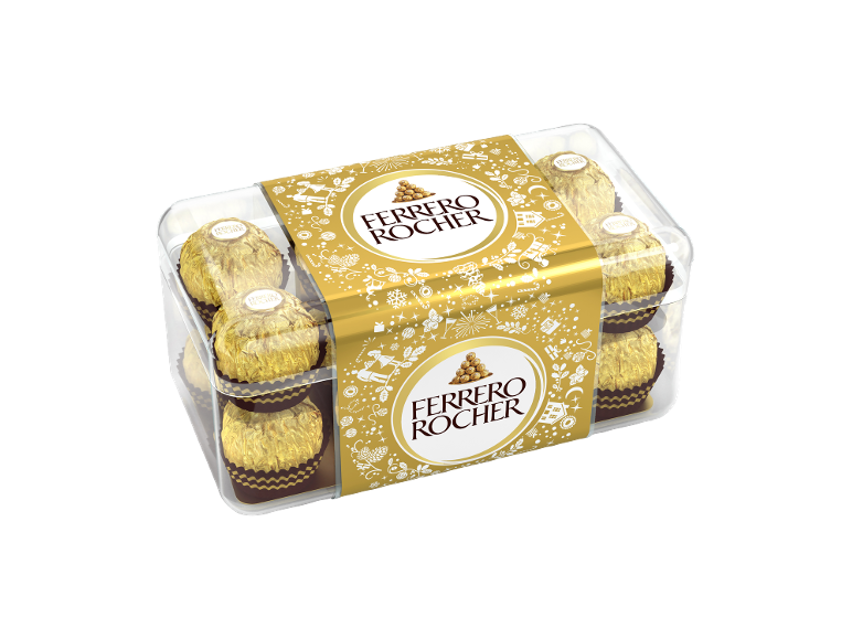 Uma caixa transparente de bombons de chocolate embrulhados em papel dourado com uma cinta dourada festiva