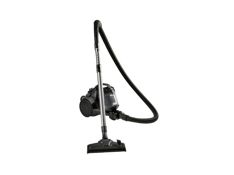 Aspirador de pó preto com recipiente de pó transparente e tubo telescópico de metal
