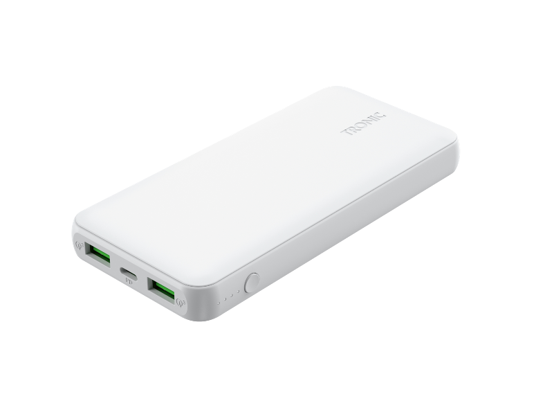 Power bank branco com portas USB e o logótipo 'TRONIC' na parte superior.