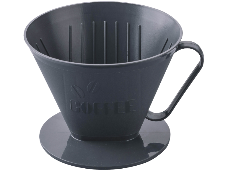 Filtro de café de plástico cinzento com a palavra 'COFFEE' em relevo.
