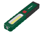 Luz de trabalho LED verde e preta com um botão vermelho e uma faixa de luz amarela.