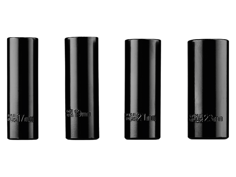 Quatro chaves de caixa pretas profundas com marcações de 17 mm, 19 mm, 21 mm e 23 mm.