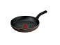 Frigideira antiaderente castanha com cabo preto e indicador de calor vermelho no centro.