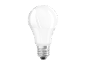 Lâmpada LED branca com base metálica sobre fundo preto.