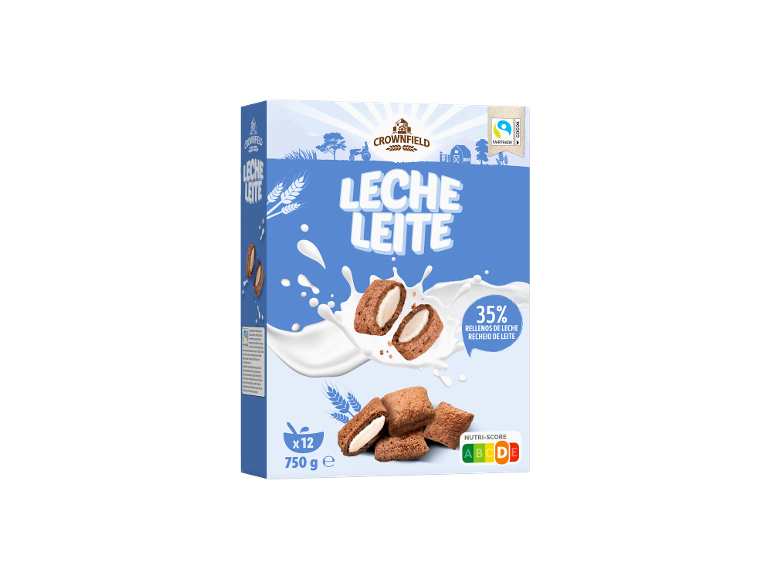 Caixa de cereais de chocolate recheados com leite com 35% de recheio, 750g.