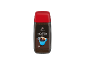 Frasco de café instantâneo com tampa vermelha e um rótulo com uma chávena de café.