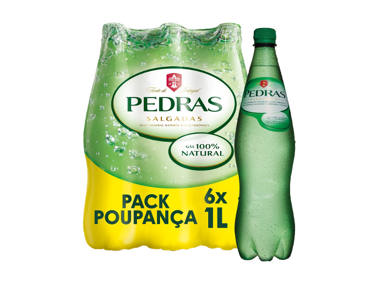 Pack de 6 garrafas de água com gás natural de 1L e uma garrafa individual.